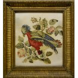 Fine Berlin woolwork of a parakeet perched in a spray of roses, late 19th century, 16in. x 14in.