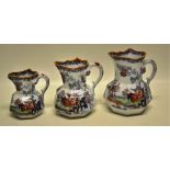 A graduated set of three early Victorian octagonal Mason's Ironstone China jugs, coloured painted