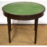 A late eighteenth century Irish mahogany elliptical card table, the fold over moulded edge flap