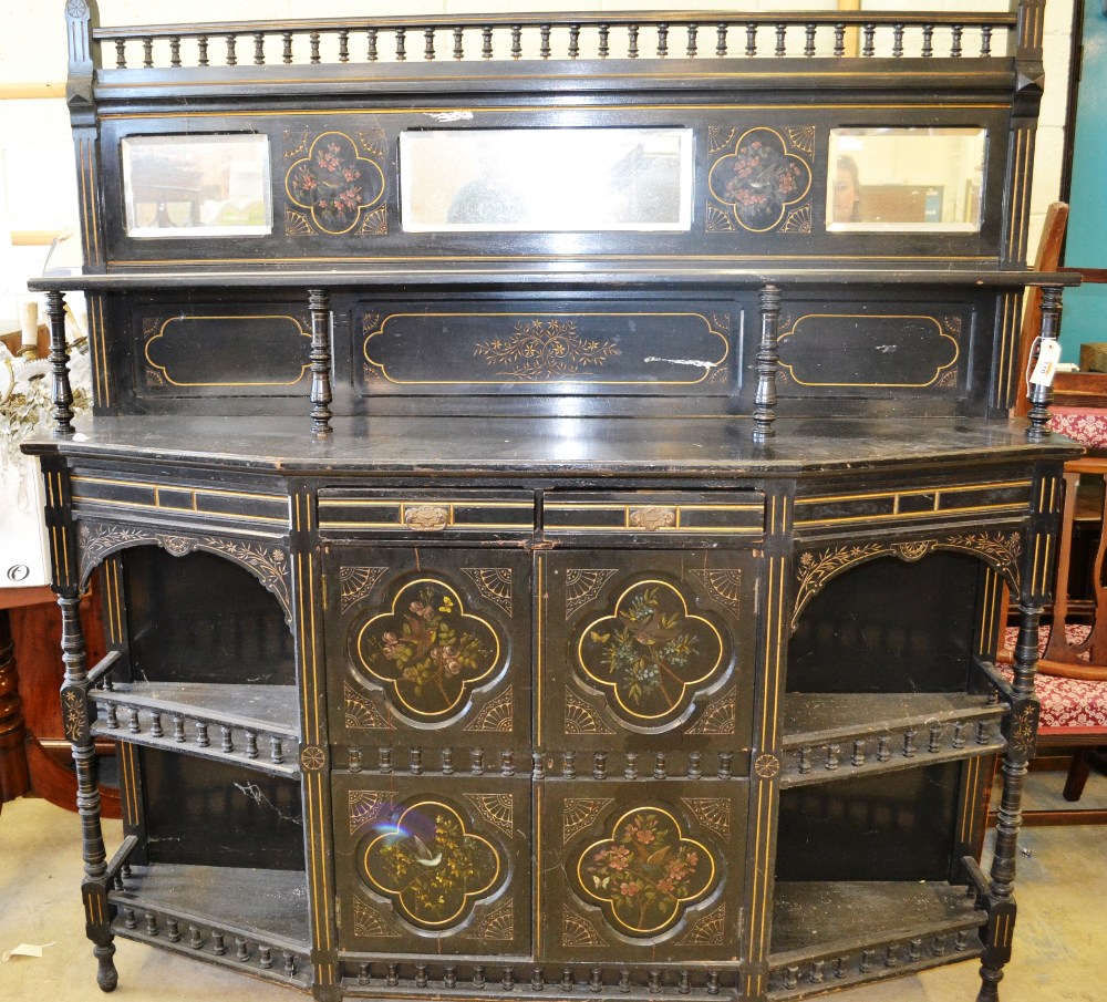 A Victorian ebonized aesthetic mahogany sideboard, the painted panels of little birds and