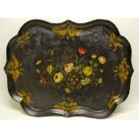 A Victorian rectangular black papier mache tray, painted flowers oak leaves and acorns, a raised