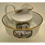 A German Grosbreienback porcelain jug and bowl decorated allegoric subjects, in oval panels, the