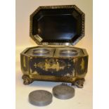 A Chinese early nineteenth century export black and gold lacquer tea chest, rectangular with