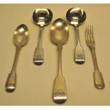 A pair of Victorian silver fiddle pattern sauce ladles, engraved initials, a table spoon with the