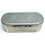A silver copy of a large William IV oblong snuff box, with rounded ends, engine turned, the hinged