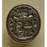 An eighteenth century silver intaglio seal of a Marquis's coat of arms, open scroll thumbpiece,