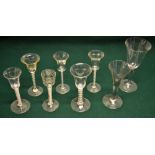 Three eighteenth century Twist stem wine and cordial glasses, one with flowers and foliage