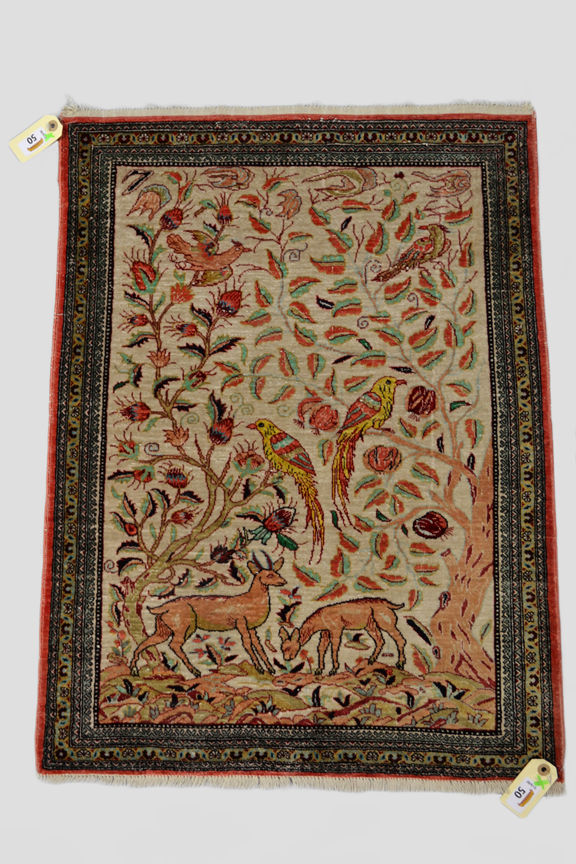 Qum pictorial silk rug, south central Persia, second half 20th century, 2ft. 8in. x 1ft. 11in. 0.