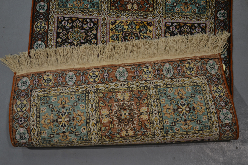 Kashmiri silk rug of panelled floral design, north India, second half 20th century, 3ft. x 2ft. 0. - Image 3 of 3