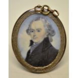 A late eighteenth century oval portrait miniature on ivory of a gentleman lawyer, in a glazed gold