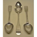 Three Scottish George III silver fiddle pattern table spoons, engraved initials. Maker John
