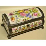 A nineteenth century French porcelain casket, painted coloured flowers to the domed hinged lid and