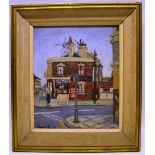 Robert Pourton, an oil painting on board, corner shop Battersea. 10in (25.5cm) x 12.25in (31cm).