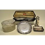 A Victorian oval cut and engraved glass biscuit box, with an engraved crested hinged electroplated