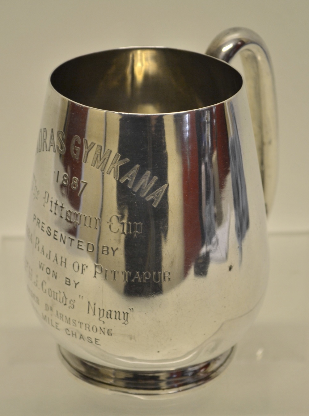 A Victorian Anglo Indian silver pint trophy mug, inscribed Madras Gymkana 1887. The Pittapar cup