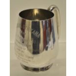 A Victorian Anglo Indian silver pint trophy mug, inscribed Madras Gymkana 1887. The Pittapar cup