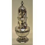A late Victorian silver baluster sugar caster, partly ribbed body with patterae repousse swags, a