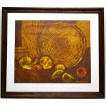 Marie Whitby 1974 a signed wood block print of an open basket of fruit, limited edition. No 3/25.