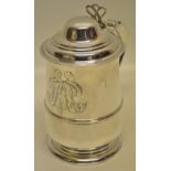A large George III silver lidded tankard, the baluster body with a girdle moulding and engraved