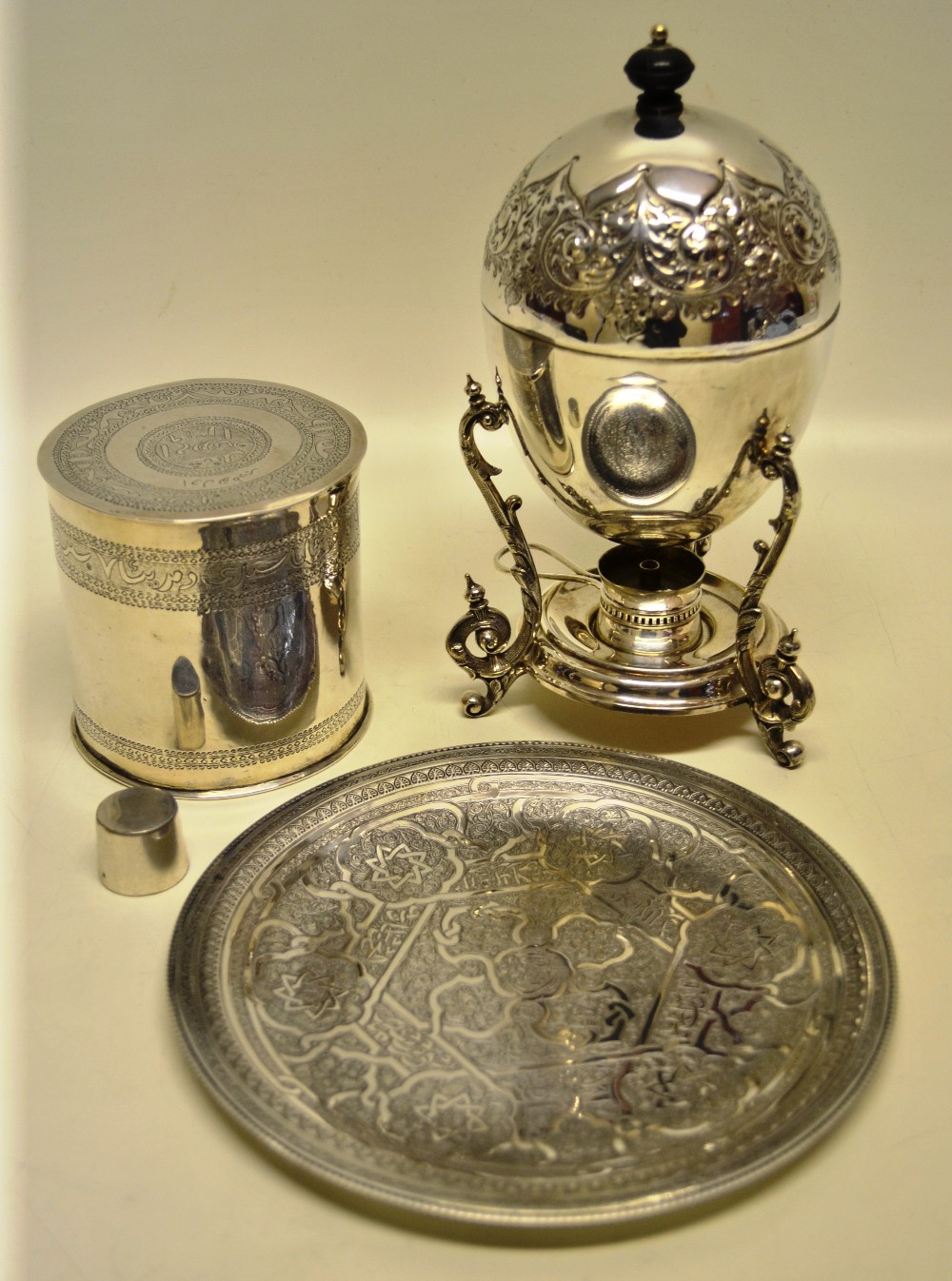 A middle Eastern silver coloured metal cylindrical jar and cover 4in (10cm), a Turkish silver