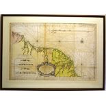 A mid eighteenth century map of the coastline of Guyana. 22in x 34in (56cm x 86cm) framed and