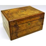 A Victorian ladies walnut and burr walnut veneered rectangular work and writing box, banded in