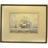 F. Kelsey. A watercolour Clipper ship sailing by the coastline with yachts. 9.5in (24cm) x 13.5in (