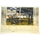 Richard Bowden. A colourful etching view through a window. 92/100. Framed and glazed. 17in (43cm)