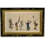 A Chinese rice paper picture of five actors. 6.5in (16.5cm) x 11in (28cm). In a glazed black and