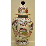 A Masons early Victorian Ironstone china octagonal vase and cover, decorated in coloured blue