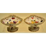 A pair of Meissen porcelain pedestal salts painted fruit and insects with gilt borders. 4in (