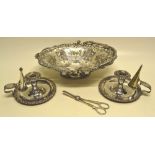 A Victorian oval swing handled electroplated cake basket, engraved foliage with pierced borders,