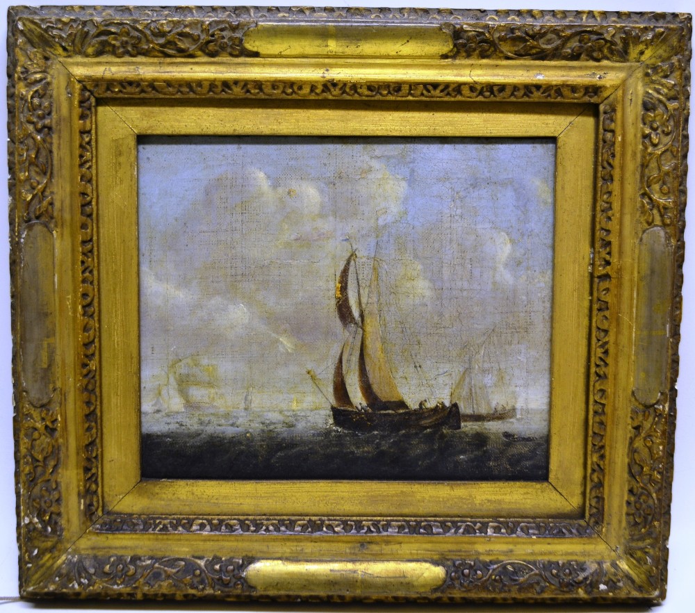 Dutch School eighteenth century, an oil painting on canvas barges and shipping at sea. 10in (26cm) x