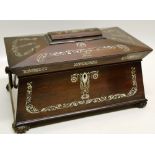 A William IV rosewood veneered sarcophagus shape tea chest, inlaid mother of pearl marquetry and