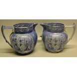 A pair of early Victorian Staffordshire ware toilet jugs, blue and white transfer decorated a