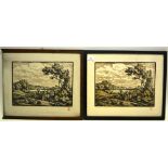 P.de Piddoll, a black and white etching trees, 5in (13cm) x 3.5in (9cm). Two numbered sepia