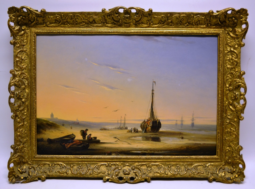 Dutch School, a nineteenth century oil painting, fishermen and barges on the beach with shipping