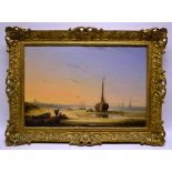 Dutch School, a nineteenth century oil painting, fishermen and barges on the beach with shipping