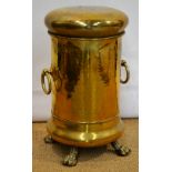 A Dutch brass large storage box with cover, handle detached, side ring handles, with flared base
