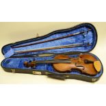A mid nineteenth century violin with medium curl wood. 14.15in. Currisa School, with two bows,