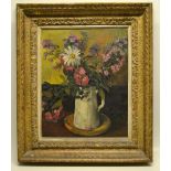 Rupert Shephard, oil on canvas. Still life of flowers in bloom, signed, in a large gilt frame. 1947.