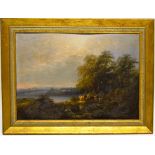 An English School nineteenth century oil on tin plate panel, river landscape with herdsman