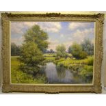 Mervyn Goode a signed oil painting on canvas, cattle grazing in the Riverside meadow in July.