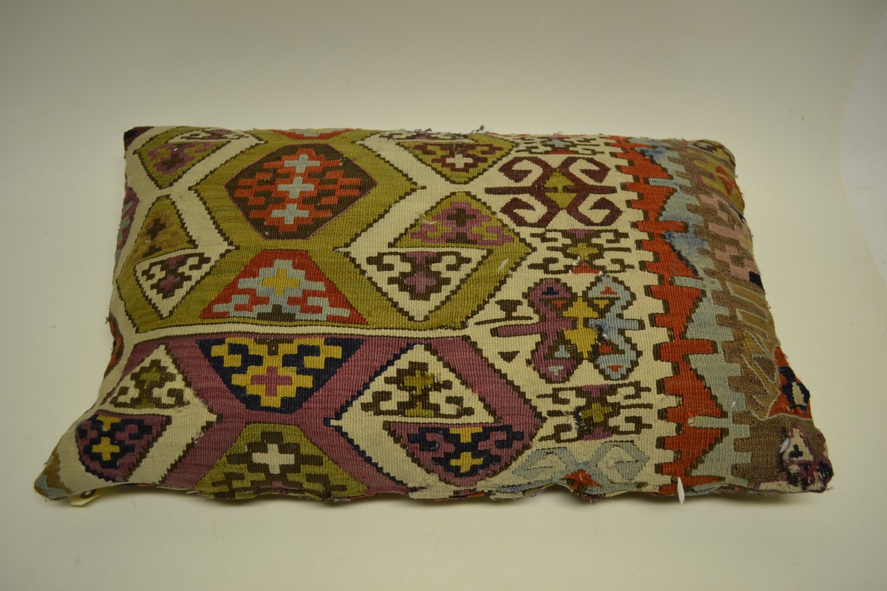 Anatolian kelim cushion, late 19th century, 2ft. 3in. x 1ft. 5in. 0.69m. x 0.43m. Some repairs. - Image 2 of 6