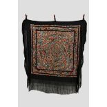 Chinese black silk shawl exquisitely embroidered in coloured silks with elaborate all over