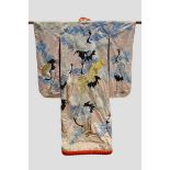 Splendid Japanese cream/pale peach silk satin kimono embroidered in silk and gold and silver