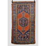 Hamadan rug, north west Persia, circa 1930s-40s, 6ft. 5in. x 3ft. 7in. 1.96m. x 1.09m. Overall wear;