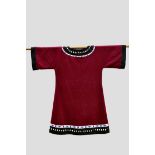 Interesting Sioux dress, claret red wool with black wool trim to collar, hem and cuffs, with bead