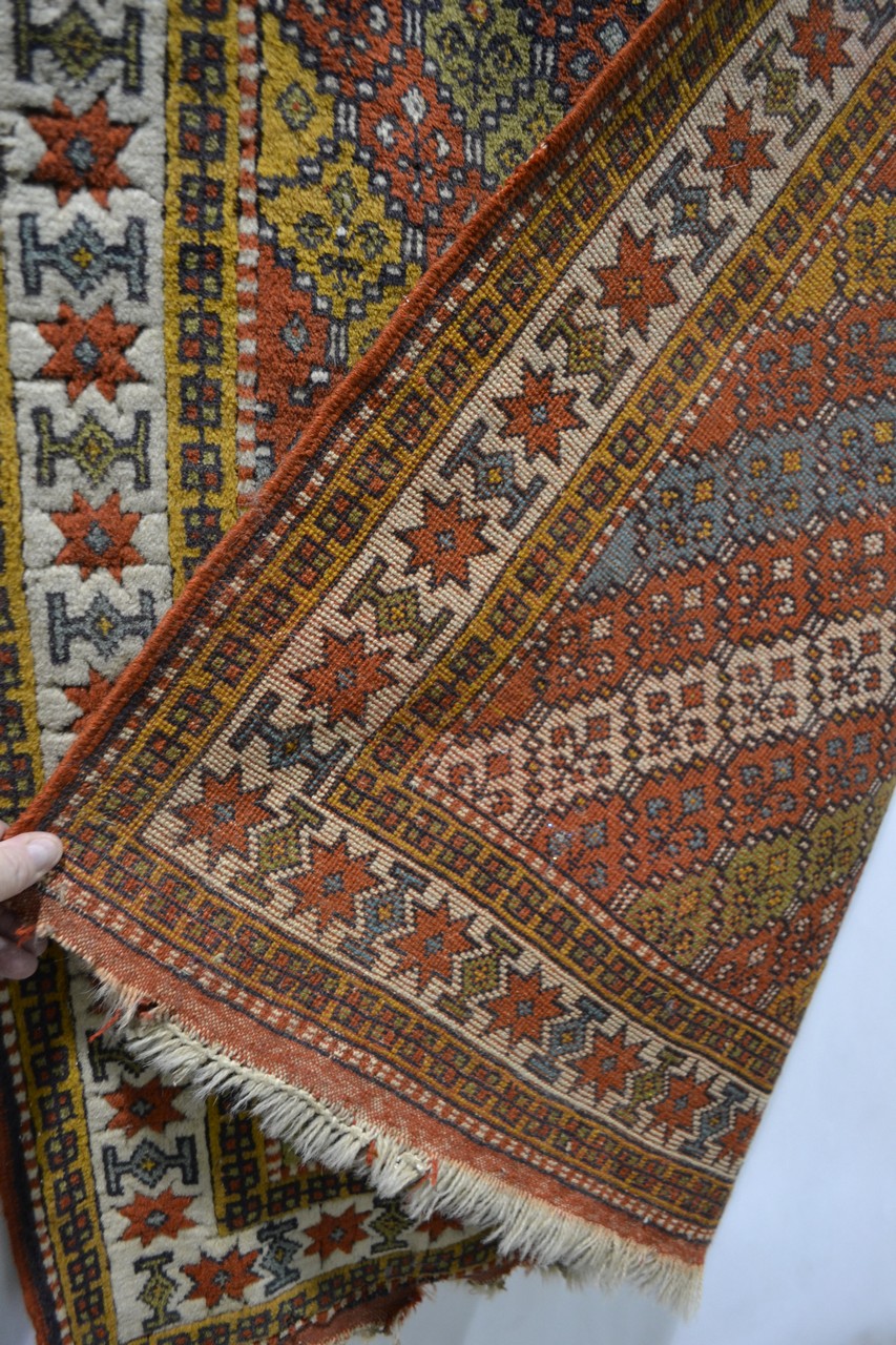 Quchan Kurd rug with multi-coloured diagonal striped field and an ivory star and medallion main - Image 5 of 5