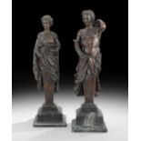 Pair of Classical-Style Bronze Figures, the female holding roses and representing Aphrodite, and the